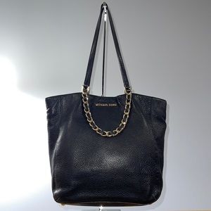 Michael Kors Harper Pebbled Leather Black Medium Chain Tote Handbag Purse Bag